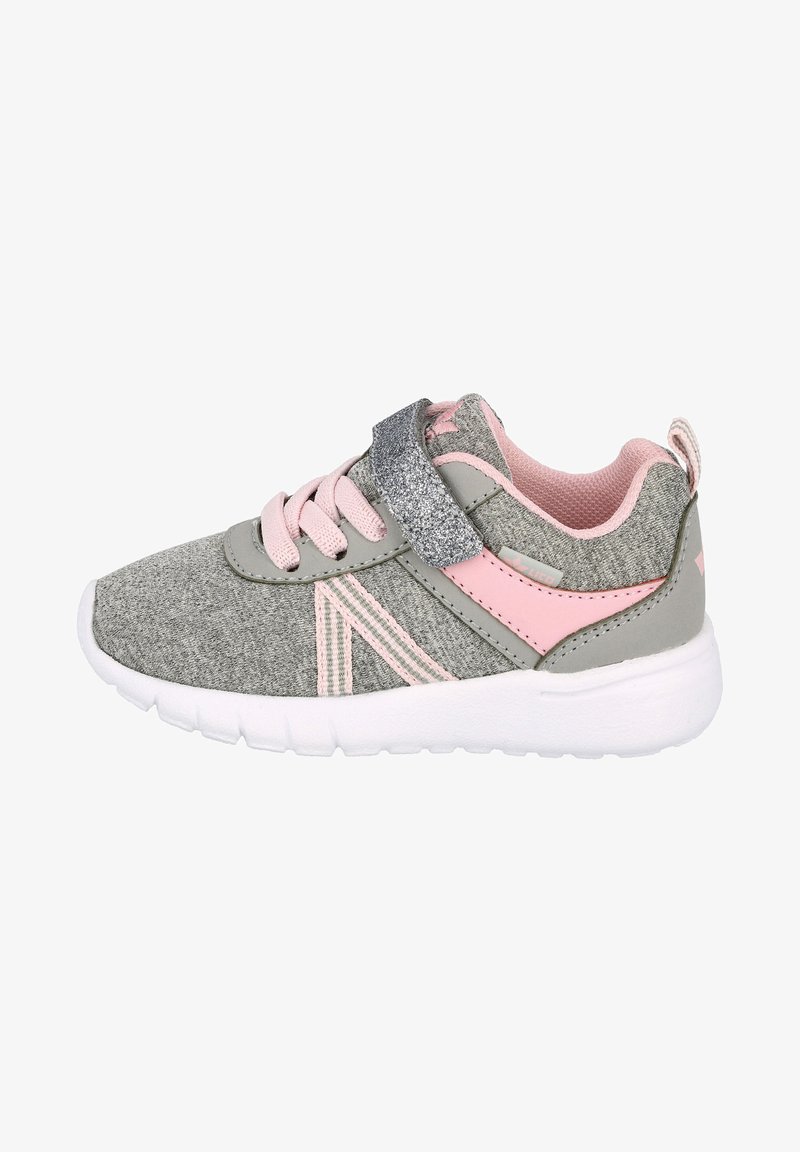 Gray textile sneaker with pink accents and a glitter strap. Features a padded collar and a white rubber sole. Designed for casual use.