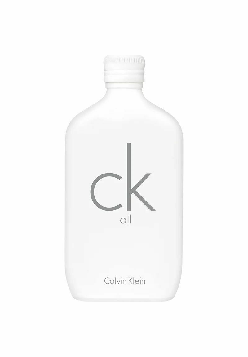 Vit rektangulär flaska med rundad botten, med en grå "ck all"-logotyp och texten "Calvin Klein" längst ner. Snurrkork på toppen.