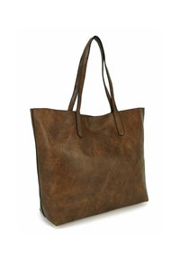 Bruine nepleer tote bag met twee lange hengsels, rechthoekige vorm, gestructureerd oppervlak en een open ontwerp. Geen zichtbare hardware of logo's.