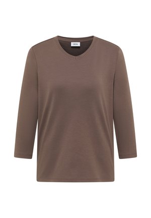 T-shirt marron, léger, à manches longues avec un col en V. Texture douce et coupe décontractée. Étiquette de la marque "CECIL" visible au niveau du cou.