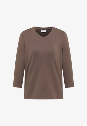 T-shirt marron, léger, à manches longues avec un col en V. Texture douce et coupe décontractée. Étiquette de la marque "CECIL" visible au niveau du cou.