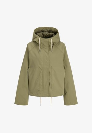 Olivengrøn hættetrøjejakke med lynlås foran, to store forlommer og justerbare snore i hætte og forneden.