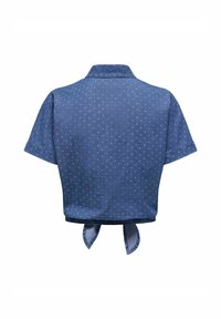 Kort ärmad, blå croppad skjorta med krage, som har ett prickigt mönster och en framknutning i nederkanten.
