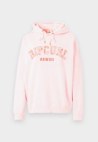 Sweat à capuche en tissu rose doux, avec un graphique "RIPCURL HAWAII" en blanc et orange. Capuche avec cordon de serrage et poignets côtelés.