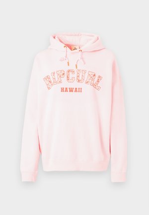 Sudadera con capucha de suave tela rosa, presenta un gráfico de "RIPCURL HAWAII" en blanco y naranja. Capucha con cordones y puños acanalados.
