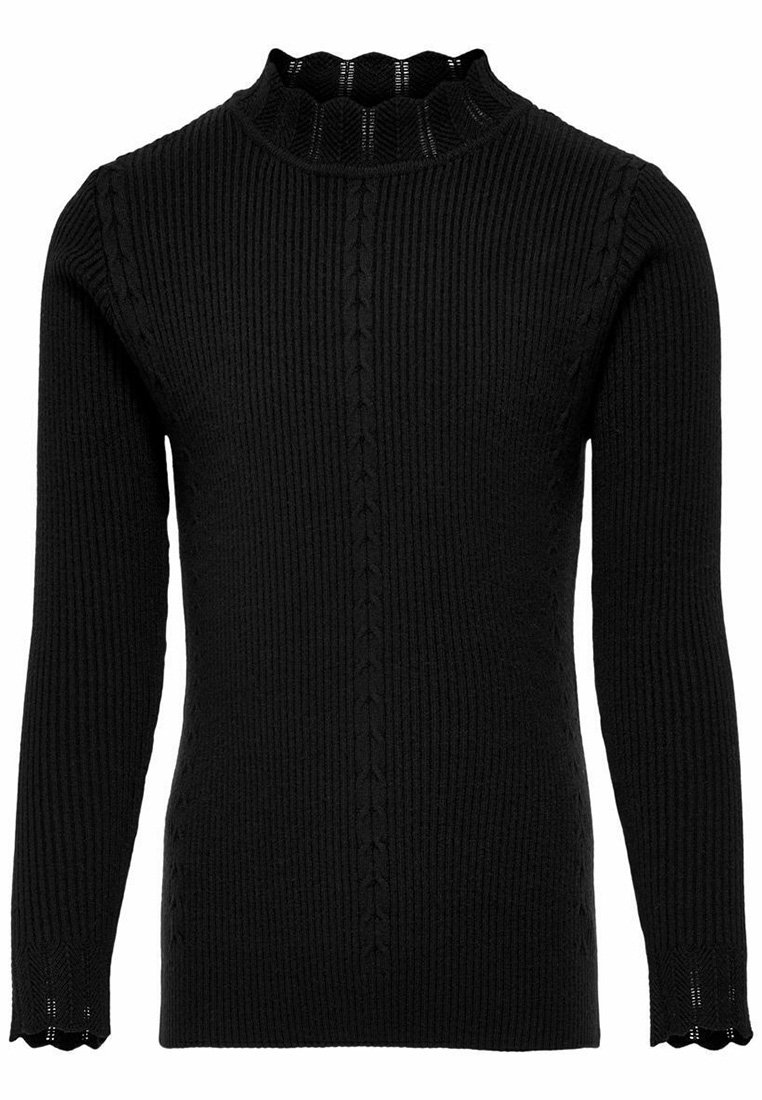 Pull noir en maille côtelée à manches longues avec col montant festonné et poignets, présentant un détail torsadé vertical sur le devant et les manches.