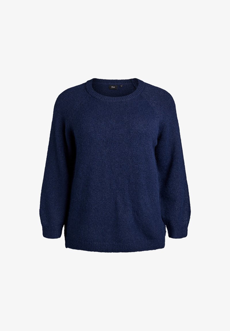 Navy blue sweter dzianinowy z okrągłym dekoltem i długimi rękawami raglanowymi. Miękka, teksturowana tkanina oraz ściągacze na mankietach i dole. Brak widocznych metalowych elementów.