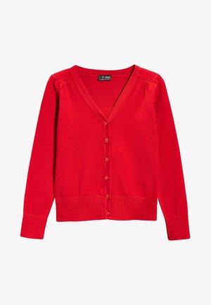 Roter Strickcardigan mit V-Ausschnitt, sechs vorderen Knöpfen, langen Ärmeln, geripptem Saum und subtilen Texturdetails.