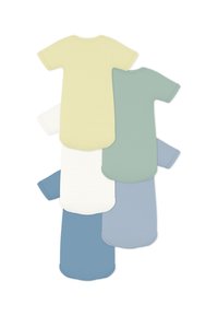 Πέντε κοντομάνικα μπλουζάκια σε παστέλ αποχρώσεις: απαλό κίτρινο, μέντα πράσινο, λευκό, ανοιχτό μπλε και σκούρο μπλε, με στρογγυλεμένες άκρες και απαλό ύφασμα.