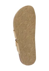 Braune Sandalen-Sohle mit einer strukturierten, hellbraunen Gumm-oberfläche, die ein geprägtes Muster aus Ovalen und pflanzenartigen Designs aufweist.