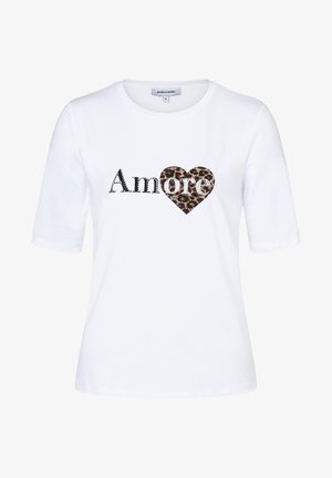 White T-shirt with short sleeves, featuring the word "Amore" in black and a leopard print heart detail. Simple design, cotton material.