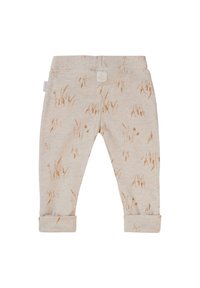 Lichtbeige katoenen broek met een subtiel, herhaald patroon van bruine grasachtige ontwerpen. Voorzien van opgerolde boorden en een elastische tailleband.