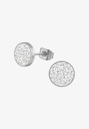 Ronde zilveren oorbellen met een cluster van heldere rhinestenen, een gladde metalen afwerking en een steeksluiting voor een veilige bevestiging.