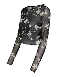 Musta, läpikuultava lyhyt yläosa pitkissä hihoissa, joissa valko-harmaa kukkakuviointi. Pehmeä materiaali ja aaltoileva helmareuna.