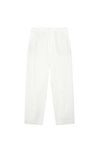 White linen trousers with a straight leg design, featuring side pockets and a smooth texture, no visible fastenings or embellishments.