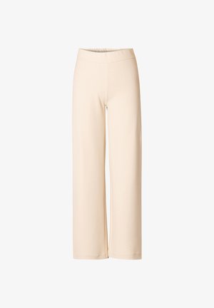 Beige broek met wijde pijpen, een elastische tailleband, gladde stof en een ontspannen pasvorm.