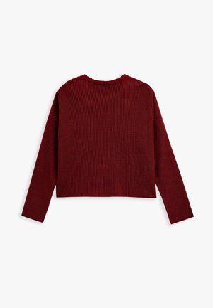 Ribgebreid, cropped trui in diep rood met lange mouwen en een ronde halslijn, met een gestructureerd oppervlak. Achteraanzicht weergegeven.