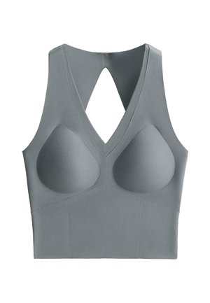 Bustier sport căptușit gri, fără cusături, cu bretele late și decupaj în formă de V pe spate.