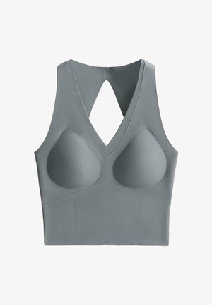 Bustier sport căptușit gri, fără cusături, cu bretele late și decupaj în formă de V pe spate.