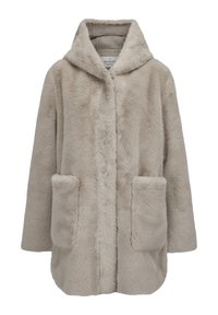 Beige Kunstfellmantel mit Kapuze, zwei großen vorderen Taschen und einem entspannten Schnitt, entworfen für Wärme und Stil.