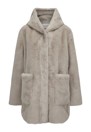 Beige Kunstfellmantel mit Kapuze, zwei großen vorderen Taschen und einem entspannten Schnitt, entworfen für Wärme und Stil.