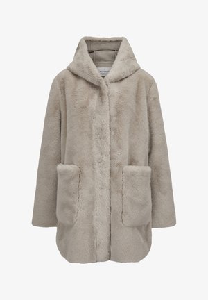 Beige Kunstfellmantel mit Kapuze, zwei großen vorderen Taschen und einem entspannten Schnitt, entworfen für Wärme und Stil.