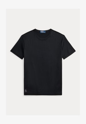 Sort T-shirt med korte ærmer og rund hals, med en lille broderet Polo Ralph Lauren-logo nær nederste kant på en hvid baggrund.