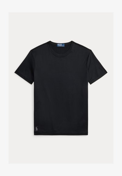 T-shirt noir à manches courtes avec col rond, petit logo Polo Ralph Lauren brodé près de l'ourlet inférieur sur fond blanc.