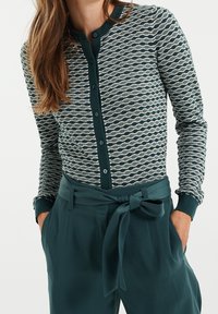 Grön och krämfärgad mönstrad cardigan med rund halsringning, knappstängning och ribbade ärmslut, bärs med högmidjade tealfärgade byxor och ett knutet bälte.