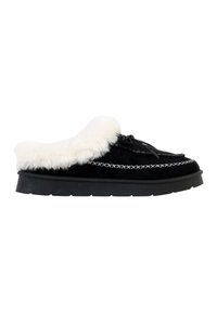 Chaussures noires en daim à enfiler avec un col en fausse fourrure blanche, ornées de surpiqûres blanches décoratives et d'une épaisse semelle en caoutchouc noir.