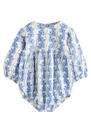 Grenouillère bébé à manches longues avec taille froncée, poignets élastiques et rayures verticales florales bleues sur tissu blanc.