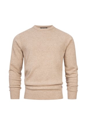 Suéter de punto beige con cuello redondo, puños y dobladillo acanalados. El tejido parece suave con una textura lisa y detalles de diseño mínimos.