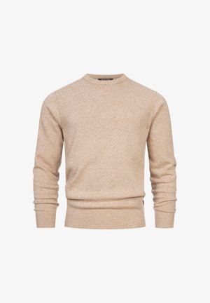 Beige gestrickter Pullover mit Rundhalsausschnitt, gerippten Bündchen und Saum. Der Stoff wirkt weich mit einer glatten Textur und minimalen Design-Details.