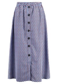 Gonna midi stampata in tonalità blu e marrone, presenta una vita elastica e bottoni neri dalla parte superiore fino in fondo, con una texture morbida.