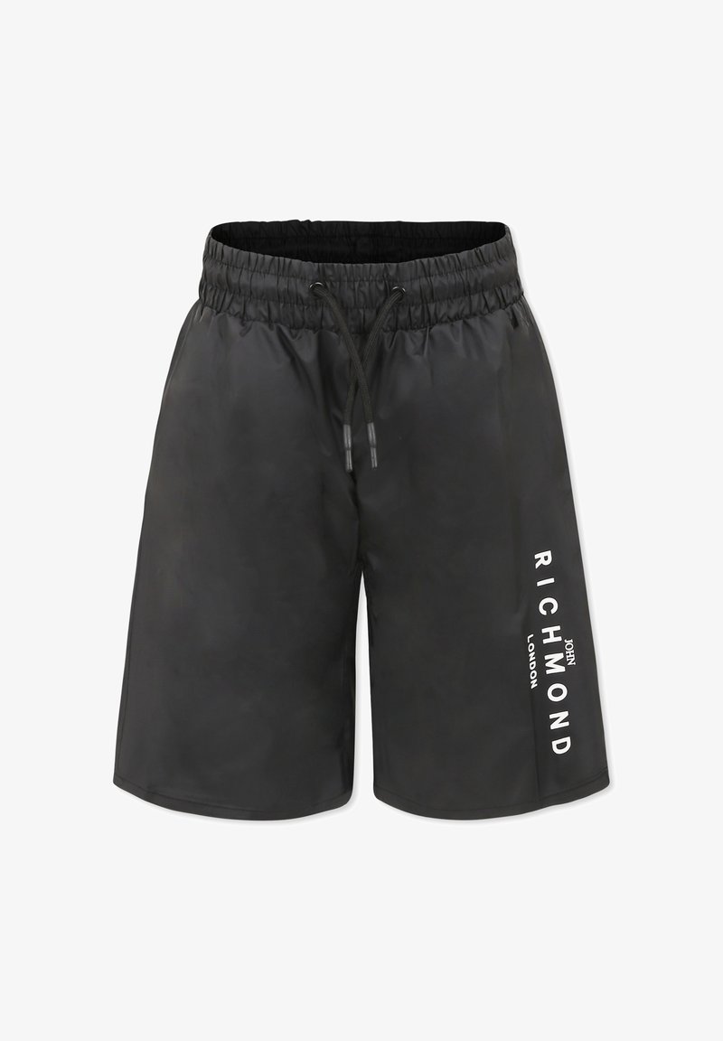 Pantaloni da bagno neri con vita elastica e cordino. Dettagli laterali con la scritta "RICHMOND LONDON" stampata in bianco. Texture liscia.