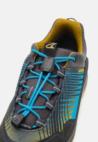 Sneaker nera e grigia con lacci blu, caratterizzata da un design testurizzato e un'etichetta GORE-TEX. Accentuata da strisce verdi e gialle.