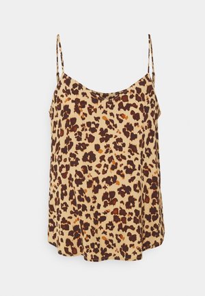 Camisole pour femme sans manches avec de fines bretelles en beige, ornée d'un motif léopard brun et noir.