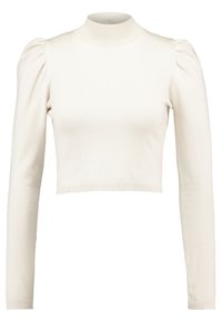 Cremfarbener, verkürzter Pullover mit langen, puffartigen Ärmeln sowie einem gerippten Stehkragen und Saum.