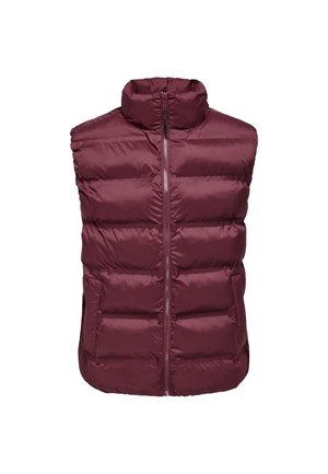 Chaleco acolchado burdeos con cuello alto, cremallera frontal completa y patrón acolchado horizontal. Tejido liso y brillante con bolsillos laterales.