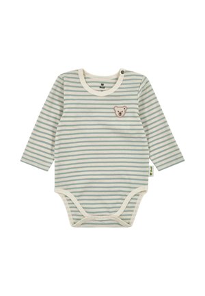 Langärmliger Baby-Body mit hellblauen und weißen Streifen, Druckknöpfen am unteren Teil und einem kleinen Teddybär-Patch auf der Brust.