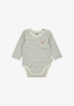 Langärmliger Baby-Body mit hellblauen und weißen Streifen, Druckknöpfen am unteren Teil und einem kleinen Teddybär-Patch auf der Brust.