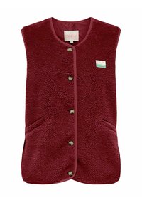 Bordeaux fleece vest met een zachte textuur, voorzien van een ronde hals, sluiting met knopen aan de voorkant en twee zijzakken. Accentueert met een logopatch.