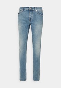 Ljusblå denimjeans med rak passform, fem fickor, metallbeslag och subtil blekning fram och bak.