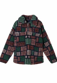 Fleecejacke mit einem mehrfarbigen Patchwork-Design in Grün, Marineblau und Pink, mit einem hohen Kragen und Reißverschluss.