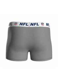 Graue Boxershorts mit einem weißen elastischen Bund, der wiederholt blaue "NFL"-Logos und ein kleines NFL-Schild-Logo zeigt. Weiche Textur.