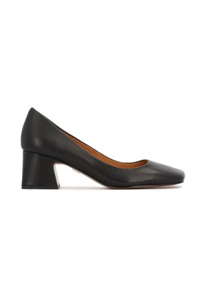Black leather pump with a rounded toe, mid-height block heel, smooth texture, and minimalistic design. Features a subtle accent near the heel.