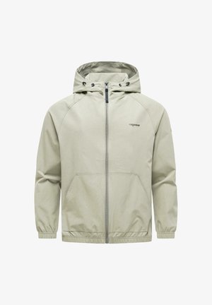 Giacca con cappuccio color beige chiaro con zip frontale, tasche laterali, polsini elastici e logo "ragwear" sul petto a sinistra.