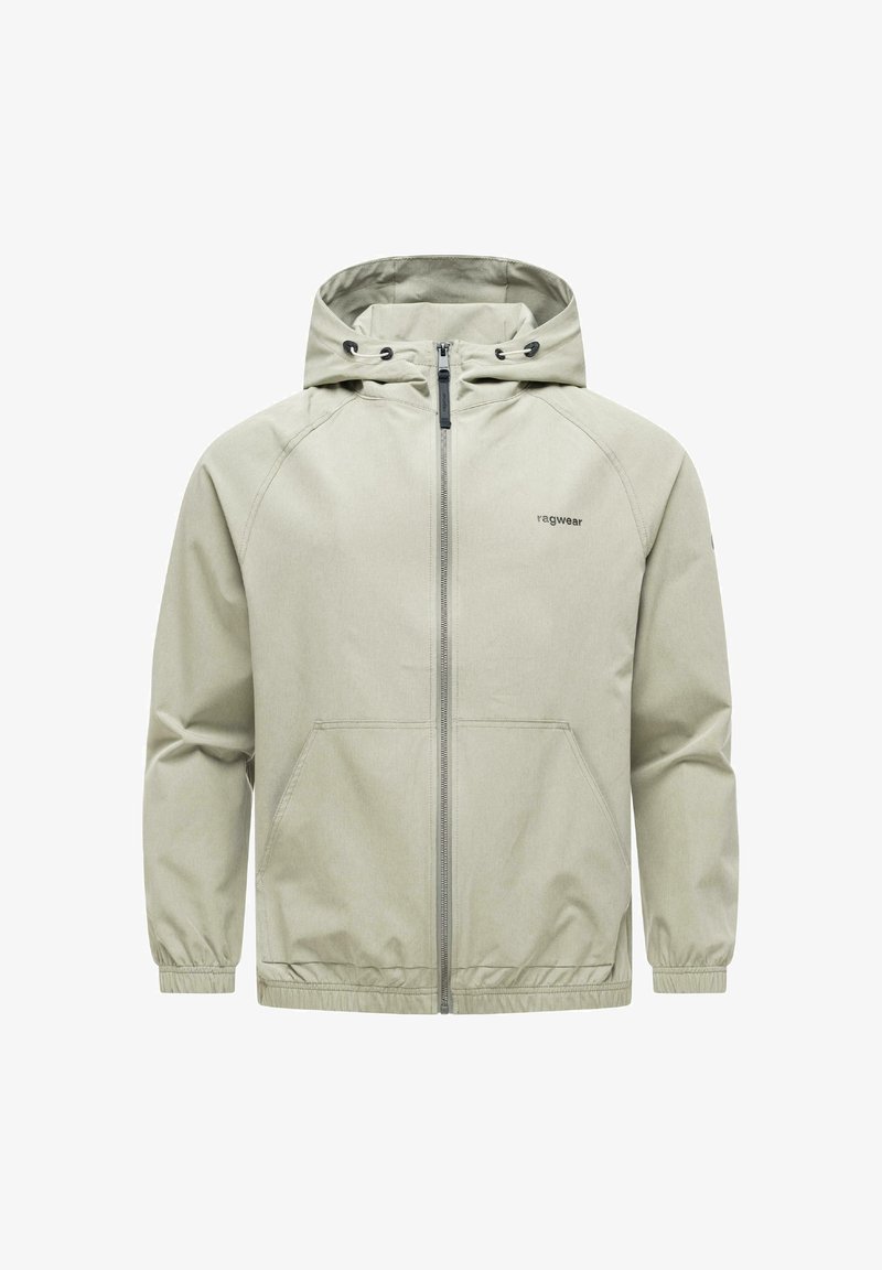 Jasna beżowa kurtka z kapturem, zamek błyskawiczny z przodu, boczne kieszenie, elastyczne mankiety oraz logo "ragwear" na lewej piersi.