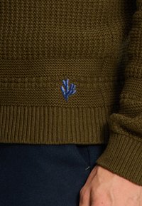 Flauschiger olivgrüner Strickpullover mit gerippten Bündchen und Saum, der ein kleines blaues gesticktes Korallenmotiv über einer marineblauen Hose präsentiert.