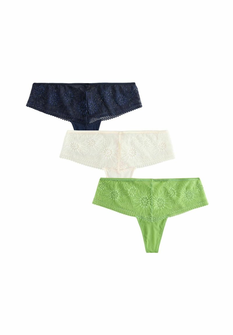 Trois paires de sous-vêtements pour femmes en marine, blanc et vert, ornées d'accents en dentelle florale et d'une texture de tissu douce et lisse.
